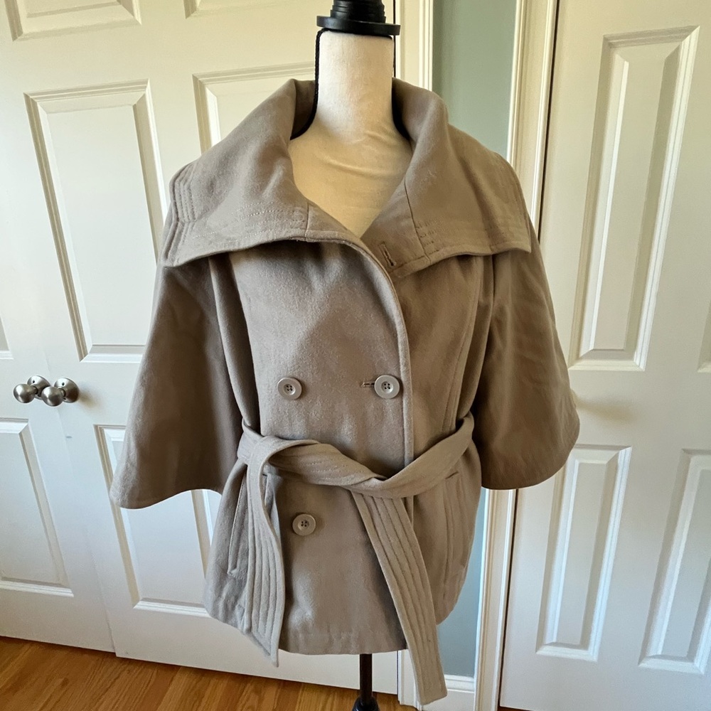 Women's Taupe Double-Breasted Wool Coat with Yellow lining